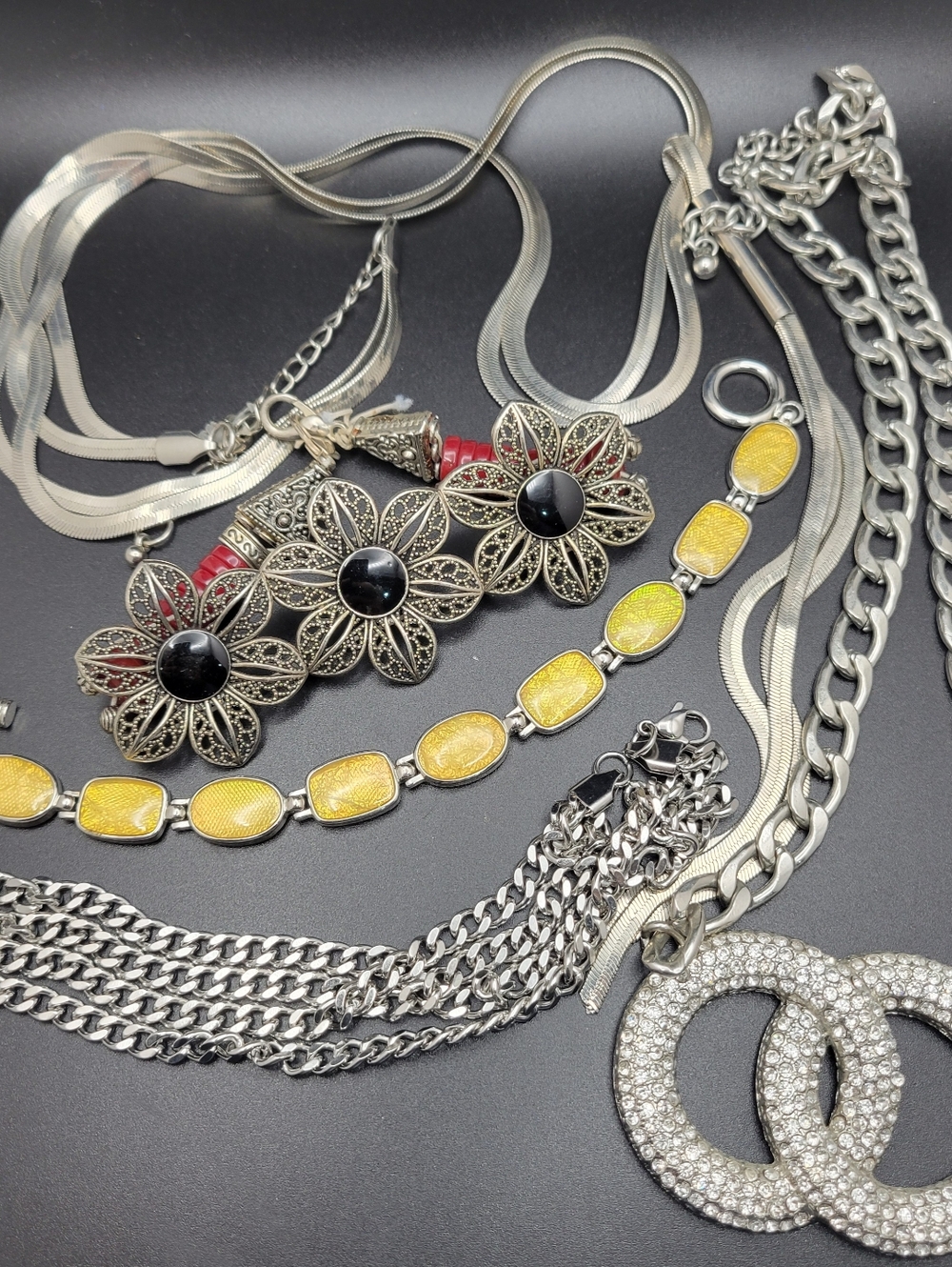 Silver-Tone Multi Necklace Set with Yellow Accents